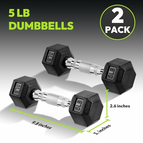 Pair of 5 lb dumbbells with dimensions