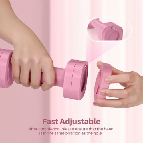 Hands adjusting pink dumbbell with close-up inset.