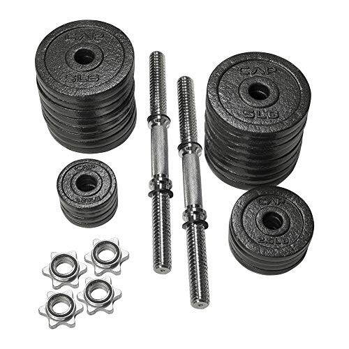 Adjustable dumbbell set with weights, bars, and collars.