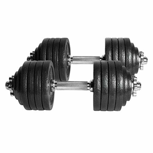 Pair of adjustable dumbbells with black weight plates.