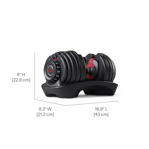 Adjustable dumbbells with size dimensions.