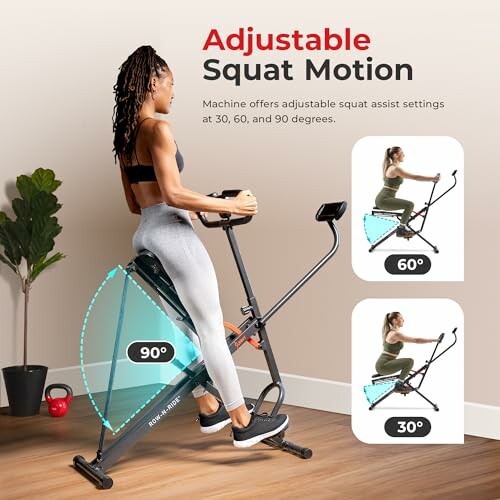 Woman using adjustable squat machine with 30, 60, and 90 degree settings.