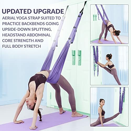 Woman using aerial yoga strap for stretching and backbends.