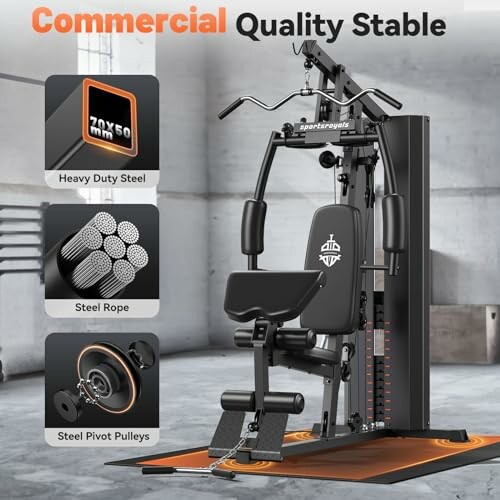 Commercial gym equipment with heavy-duty steel, steel rope, and steel pivot pulleys.