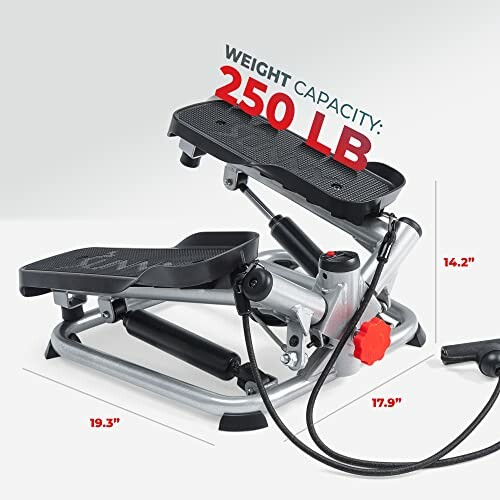 Compact stepper machine with weight capacity of 250 lb and dimensions.