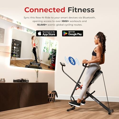 Woman using a rowing machine with Bluetooth connectivity in front of a smart TV.