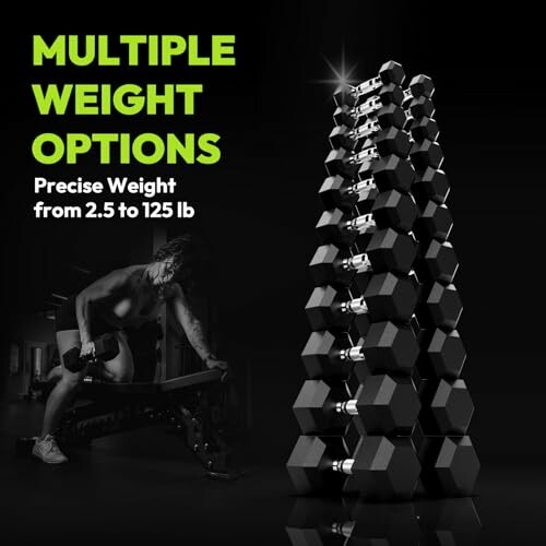 Stack of dumbbells with multiple weight options from 2.5 to 125 lb