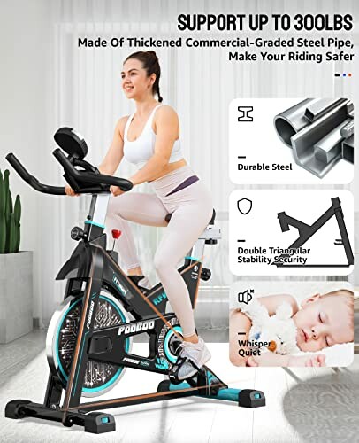 Woman on exercise bike with features like durable steel, triangular stability, whisper quiet operation.