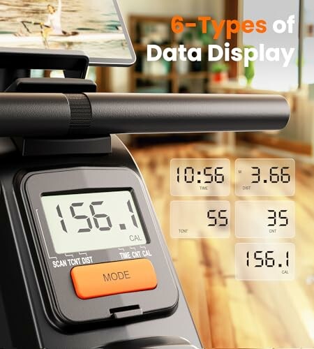 Exercise bike display showing 6 types of data: time, distance, calories, scan, mode.