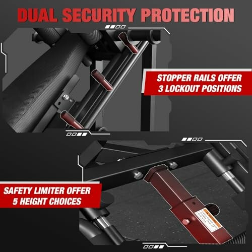 Dual security protection with stopper rails and safety limiter on gym equipment.