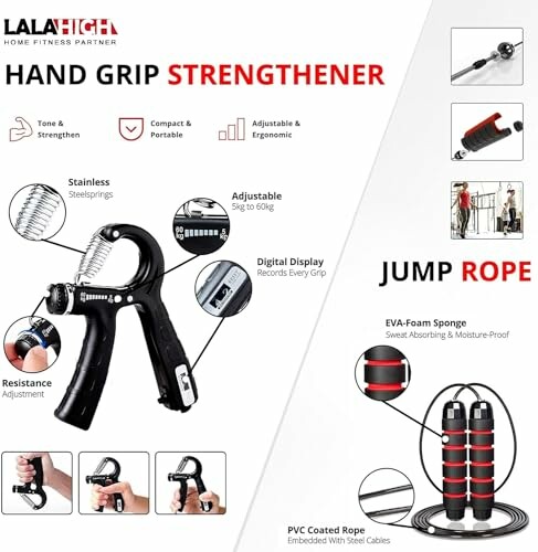 Hand grip strengthener and jump rope with features.