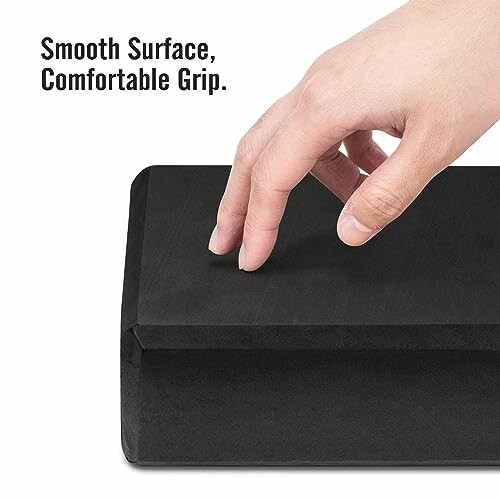 Hand touching a black surface with text 'Smooth Surface, Comfortable Grip.'