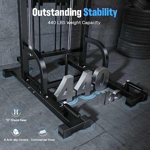 Home gym machine showcasing 440 lbs weight capacity and stability features.