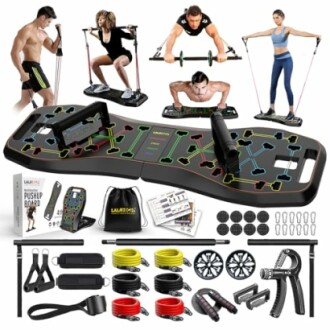 Home workout equipment set with push-up board, resistance bands, and fitness accessories.