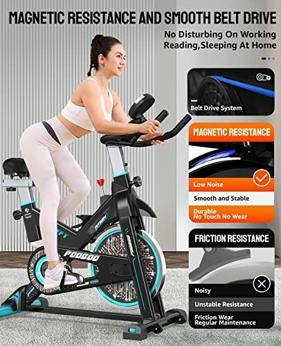 Woman using indoor exercise bike with magnetic resistance and smooth belt drive.