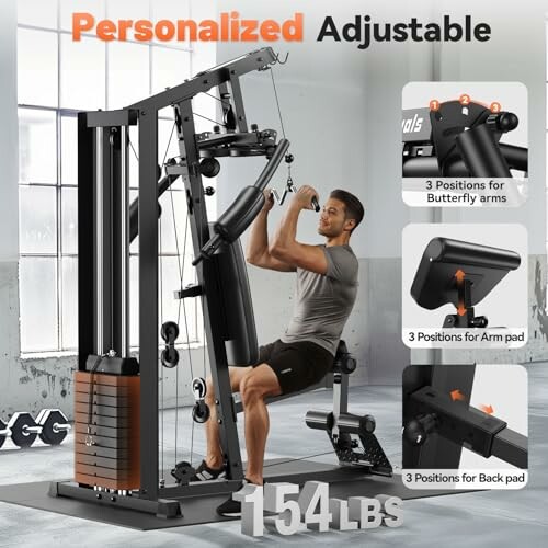 Man using adjustable multi-function gym equipment with various positions for exercises.