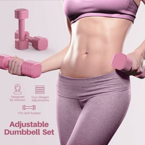 Woman holding pink adjustable dumbbells with features listed.