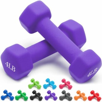 Purple 4-pound dumbbells with small colorful dumbbells