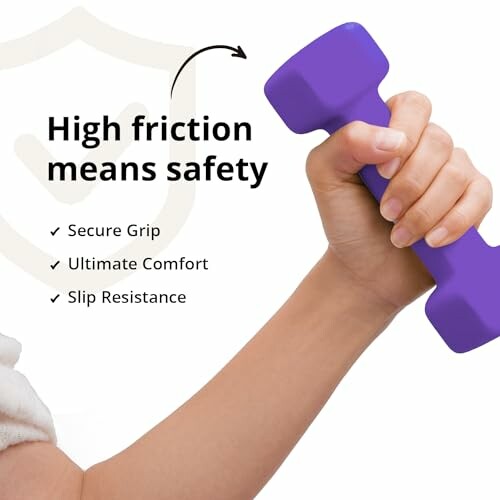 Hand holding a purple dumbbell emphasizing high friction for safety with secure grip, ultimate comfort, and slip resistance.