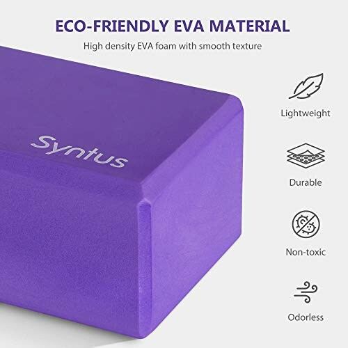 Purple yoga block made from eco-friendly EVA material with features: lightweight, durable, non-toxic, odorless.