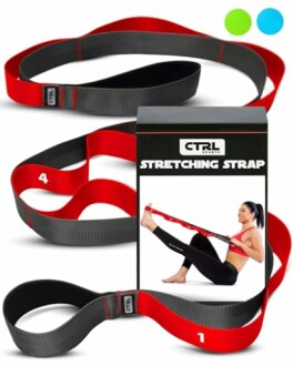 Stretching strap with loops and packaging, ideal for exercise.