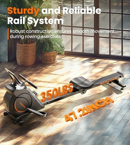 Rowing machine with sturdy rail system and 350 lbs capacity.