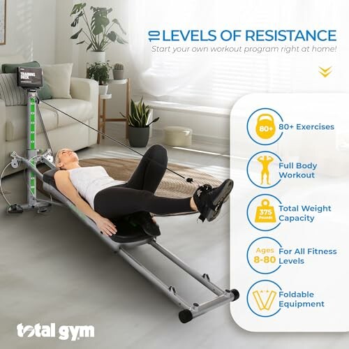 Woman exercising on Total Gym with resistance levels chart.