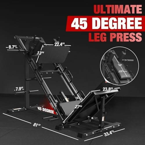 Ultimate 45 degree leg press machine with dimensions highlighted.