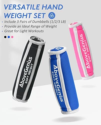 Versatile hand weight set with three pairs of dumbbells in black, blue, and pink.