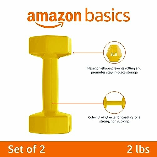 Yellow 2 lb Amazon Basics dumbbell set of 2 with hexagon shape.