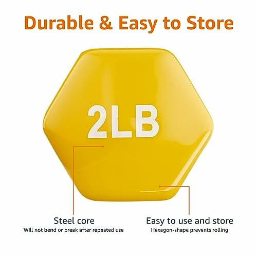 Yellow hexagon-shaped 2-pound dumbbell with steel core and easy storage features.